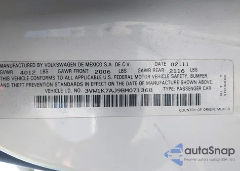 2011 Volkswagen Jetta 2.0L S из США, поврежденный, VIN 3VW1K7AJ9BM071368